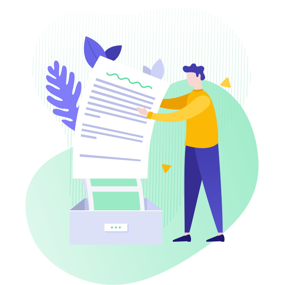 Grafik: Person hält ein riesiges Dokumentenblatt über eine Schublade