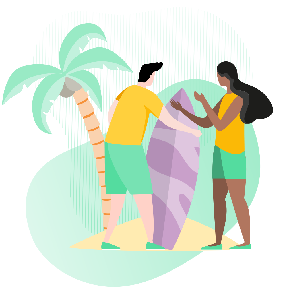 Grafik: Mann und Frau mit einem Surfbrett vor einer Palme